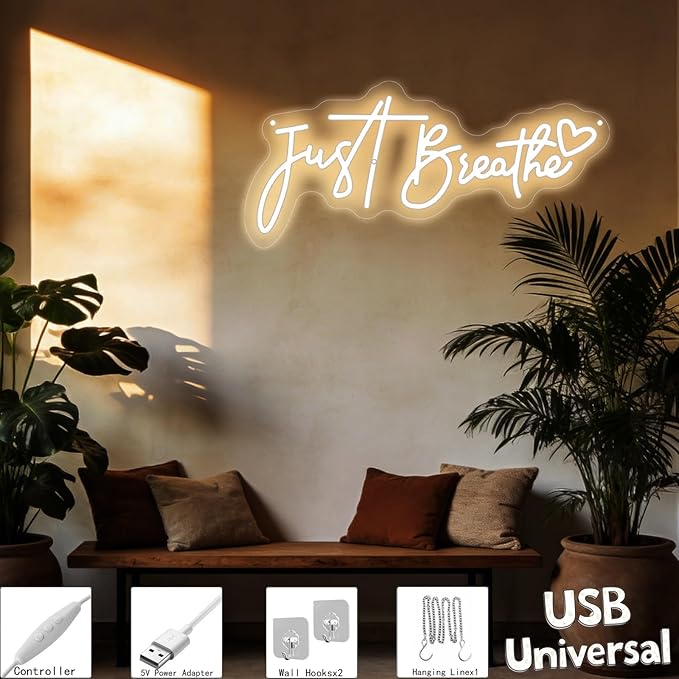 "Just Breathe" Neon Sign Beating Breath , Spa Decor For Wall, Bedroom Aesthetic Neon Light Wall Quote, for Yoga Room Pilates Studio Bedroom Gym Decoration, Meditation Room & Relaxation Gift-17.7IN-Warm White/Ice Blue