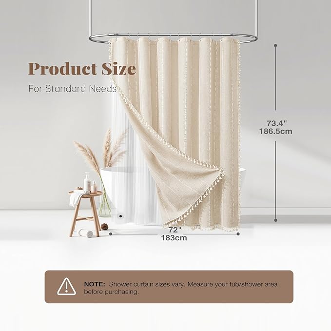 BTTN 3 in 1 Shower Curtain with Liner, Cream Boho Linen Striped Cloth Shower Curtain Set with Plastic Hook, Farmhouse Bohemian Country Waterproof Fabric Shower Curtain for Bathroom, Beige, 72x72