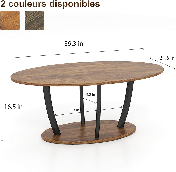 Manora Rustic Small Oval Coffee Table for Living Room, Narrow Wood Center Table with Shelf, Retro Style Coffee Table with Curved Metal Legs, Stable and Easy Assembly, Rusric Brown