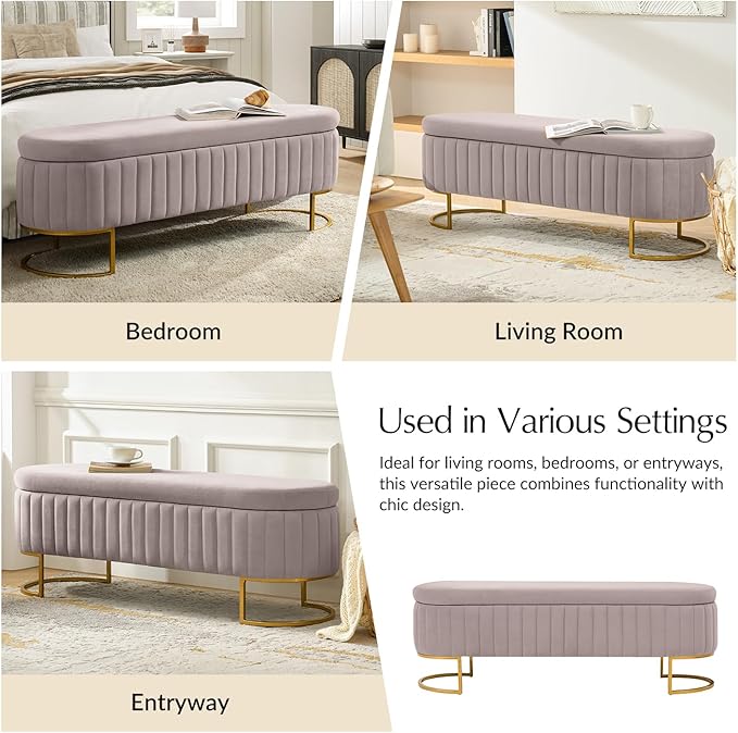 55.5" Velvet Upholstered Storage Bench with Channel Tufted Seat and Metal Legs, Multi-Functional Ottoman with Interior Organizer Pockets for Bedroom and Entryway, Flipping Lid Large Window Bench