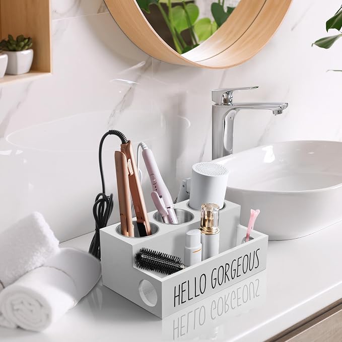 Bivvclaz Hair Tool Organizer, Wooden Hair Dryer Holder Countertop, Wall Mount Hot Tools Organizer for Hair Styling Accessories, Bathroom Supplies Vanity Caddy for Curling Wand, Blow Dryer, White