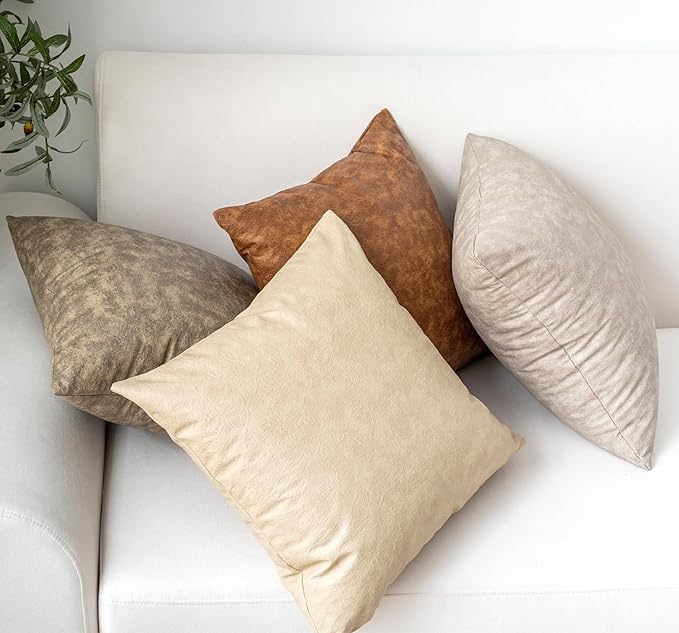 Pack of 4 Oversized Faux Leather Neutral Decorative Throw Pillow Covers 28x28 inch, Soft Modern Boho Luxury Waterproof Floor Cushion Cases, for Outdoor Lounge Sofa Couch Bed Home Deco