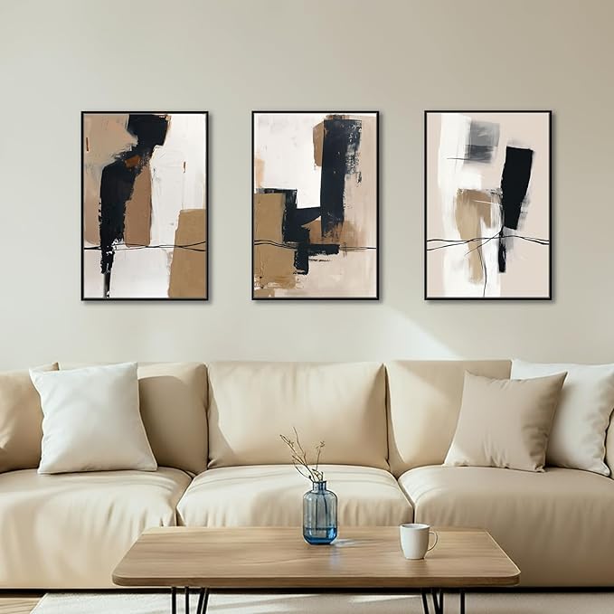 SAFERRYHOME Neutral Abstract Wall Art Tan and Black Framed Canvas Print Set, Mid-Century Modern Brown Minimalist Shapes for Living Room, Bedroom, Office - Ready to Hang - Set of 3, 16x24 Inch