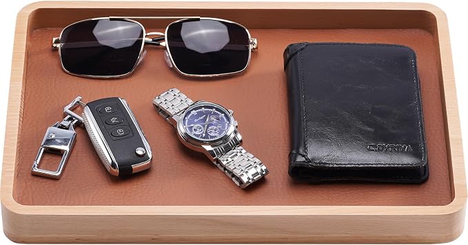 ProCase Wooden Valet Tray for Men, Wood Catch-All EDC Organizer, Fathers Day Gift, Nightstand Entryway Bedside Dump Holder for Wallets, Keys, Watches, Phones, Loose Change, Trinkets -LightBrown