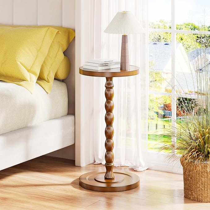 Simple Trending Small Side Table, Round Drink Table for Small Spaces, Pedestal Coffee Table for Living Room, Rustic Brown