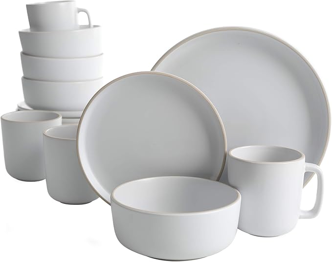 Gibson Home Zuma 16 Piece Round Kitchen Dinnerware Set, Dishes, Plates, Bowls, Mugs, Service for 4, Matte Stoneware, White