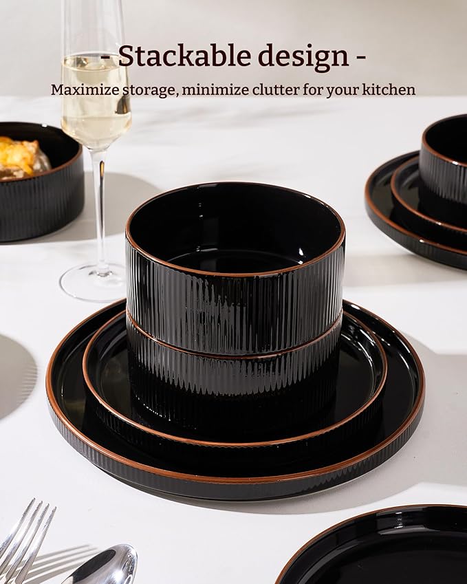 Star 18-Piece Plates and Bowls Set, Porcelain Dinnerware Sets for 6 Service, Modern Dish Set with Rust-Red Rim, Chip and Scratch Resistant, Dishwasher & Microwave Safe, Black