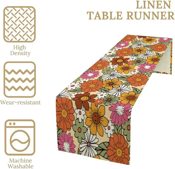 Vintage Floral Table Runner Boho 70s Style Retro Daisies Flower Hippie Groovy Funny Pattern Dinner Runner for Home Kitchen Dining Table Party Holiday Decor 13"x90"