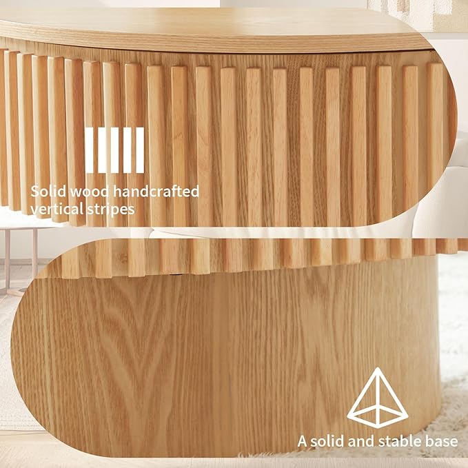 Round Coffee Table with Storage, Small Solid Wood Coffee Table for Living Room, Mid Century Modern Circle Center Tables for Small Space Apartment (31.5''D×14''H-Natural)