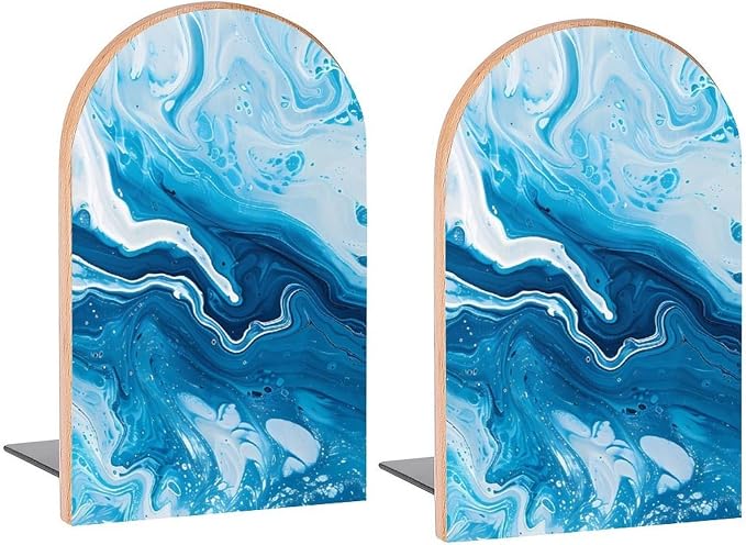Abstract Blue Marble Book Ends Decorative Wood Bookends for Shelves Kids Room Desk Home Office Book Stoppers for Magazines,Books, DVDs, 1 Pair/2 Pieces(5x3.1 in)