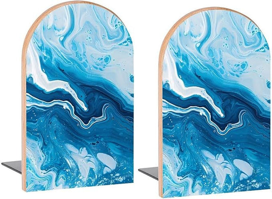 Abstract Blue Marble Book Ends Decorative Wood Bookends for Shelves Kids Room Desk Home Office Book Stoppers for Magazines,Books, DVDs, 1 Pair/2 Pieces(5x3.1 in)