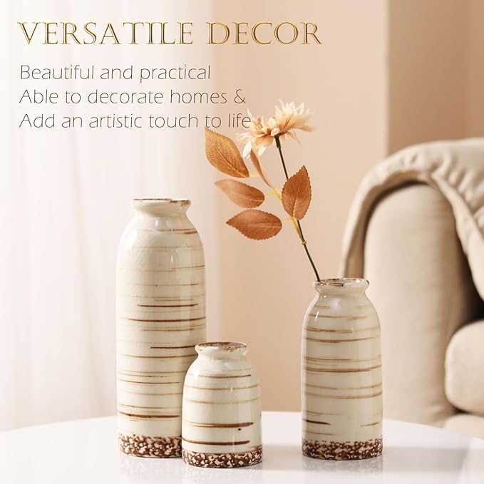 Joeabor Ceramic Vase Set of 3 - Handcrafted Ceramic Vases for Home Decor & Shelf - Modern Farmhouse Decor for Kitchen, Office, Bedroom & Living Room Decorative Objects for Mantel, Table Centerpieces