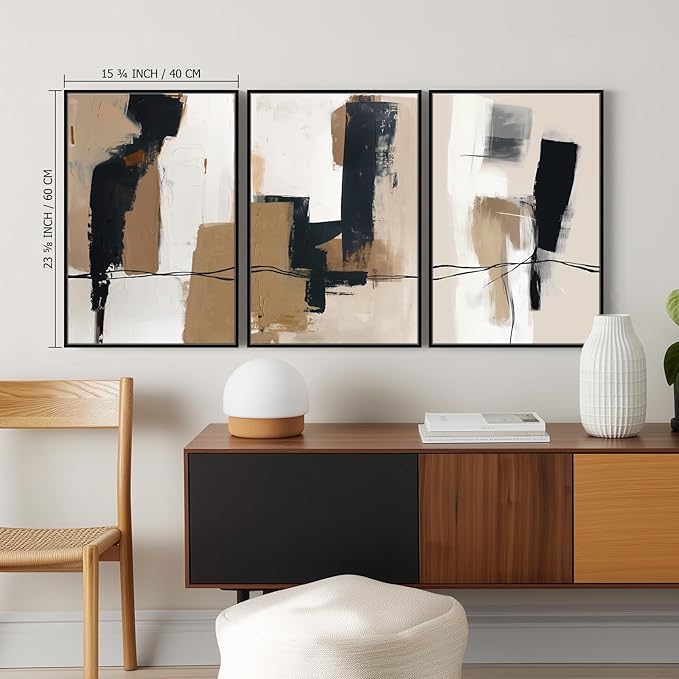 SAFERRYHOME Neutral Abstract Wall Art Tan and Black Framed Canvas Print Set, Mid-Century Modern Brown Minimalist Shapes for Living Room, Bedroom, Office - Ready to Hang - Set of 3, 16x24 Inch