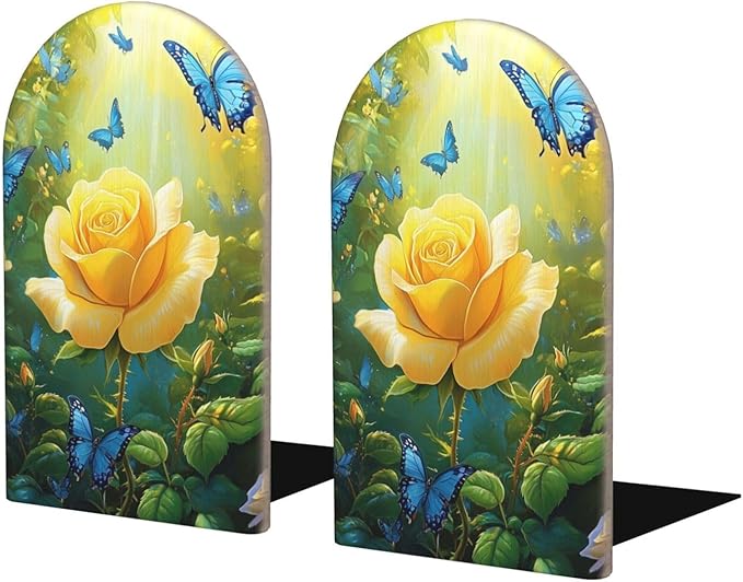 Yellow Rose Butterflies Wood Book Ends for Shelves, Non-Skid Bookends for Office, Library, and Home Decor, 1 Pair