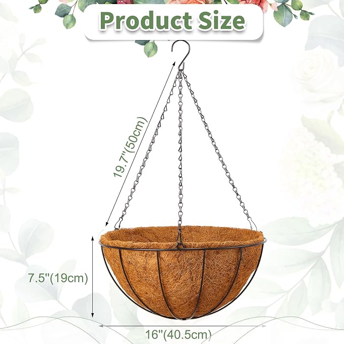 Rtteri 8 Pcs 16 Inch Hanging Baskets for Plants Outdoor with Metal Wire Frame and Coconut Coir Liners, Round Wire Hanging Baskets with Chain for Patio Garden Porch Decoration