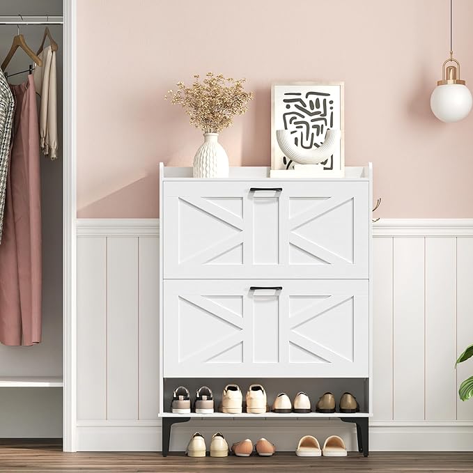 MAHANCRIS Shoe Storage Cabinet, Shoe Organizer with 2 Flip Drawers, Hidden Shoe Storage for Entryway, Freestanding Organizer with Open Storages, White SHWT9401