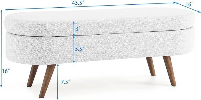 Linen Upholstered Storage Ottoman,Entryway Bench with Safety Hinges and Rubber Wood Legs, Oval Footstool for Living Room,End of Bed,White