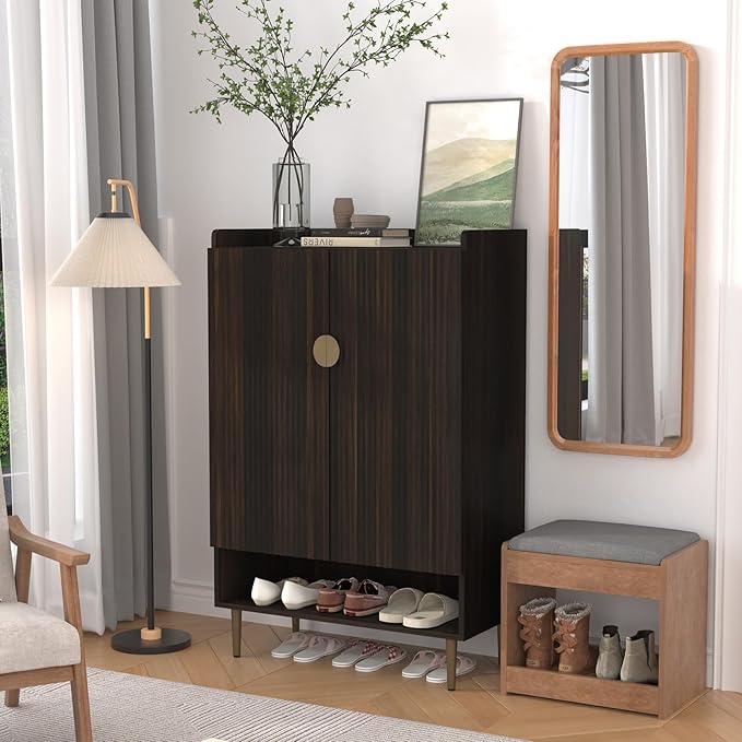 HLR Shoe Cabinet Storage for Entryway, 6-Tiers Modern Shoes Cabinet with Fluted Doors, Wood Shoes Rack with Adjustable Shelves, Shoe Organizer for Front Door Entrance, Living Room, Brown