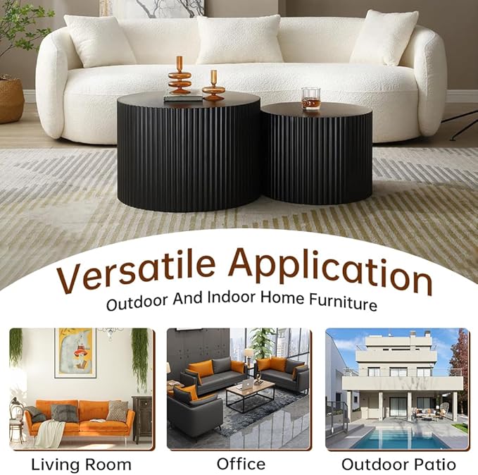 Round Nesting Coffee Table Set of 2 Modern Black Fluted Coffee Table Small Round End Table Side Table Circular Coffee Tables Circle Nested Coffee Tables for Living Room (Black Small)