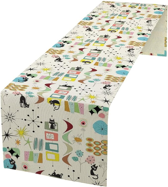 Mid Century Table Runner Modern Black Cat Colorful Geometric Atomic Star for Kitchen Dining Room Dining Table Decoration 13x90in