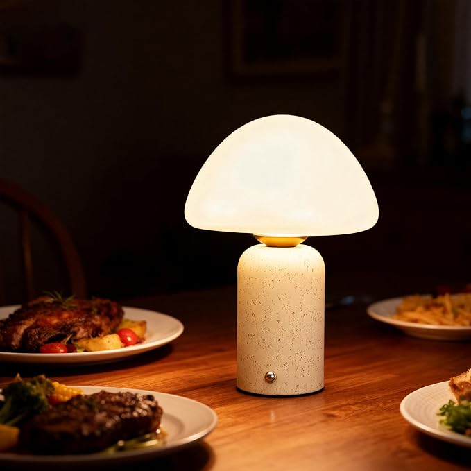 9.8 inch Mushroom Lamp, Cute Cordless Rechargeable Table Lamp with Glass Shade, 3 Color Temps LED Dimmable Ambient Lighting, Small Retro Touch Bedside Light for Decor, Resin Base.