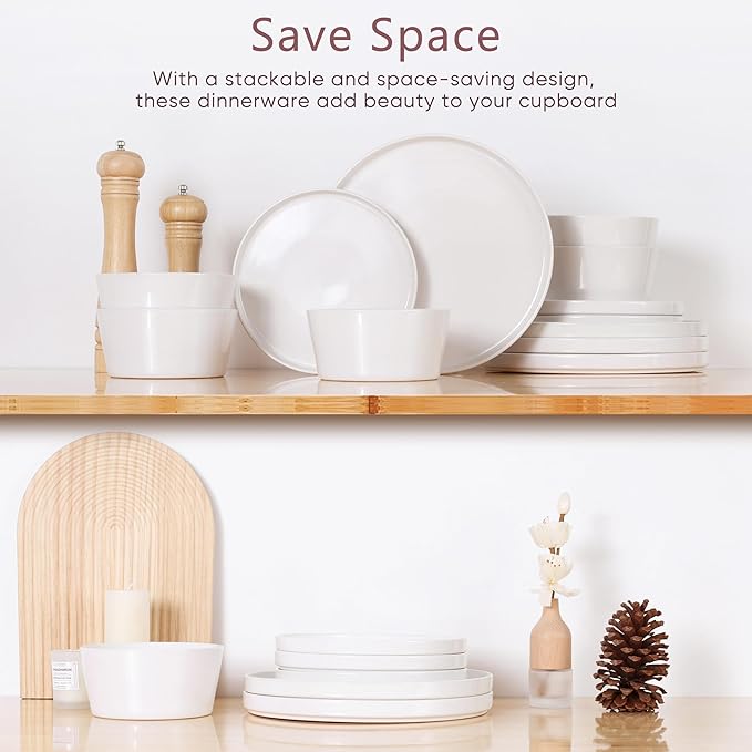 Herogo 12 Pieces Dinnerware Dishes Set for 4, Handmade Stoneware Dining Plates and Bowls Sets, Double Reactive Glaze, Microwave & Dishwasher Safe, Scratch Resistant, Speckled White