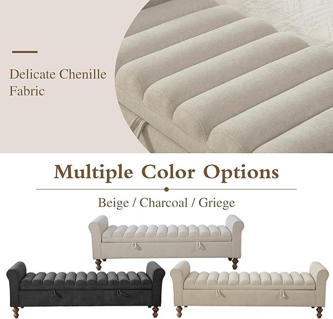 Chifee & Vingol 65" Storage Ottoman Bench Upholstered End of Bed Bench Modern Entryway Benches Window Benches for Bedroom Living Room Entryway,Griege