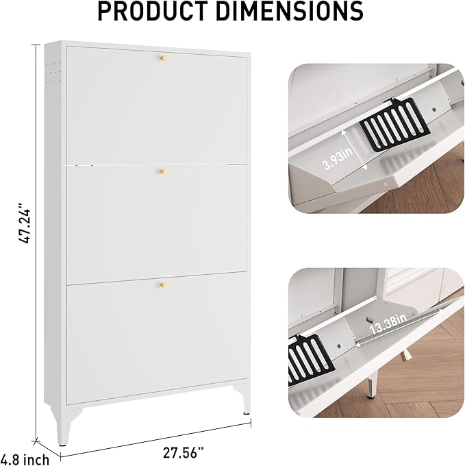Slim Shoe Cabinet with 3 Flip Drawers,Narrow Shoe Cabinet,Freestanding Organizer,Metal Hidden Shoe Storage for Entryway,Hallway,Living Room(Width 27.56, White)