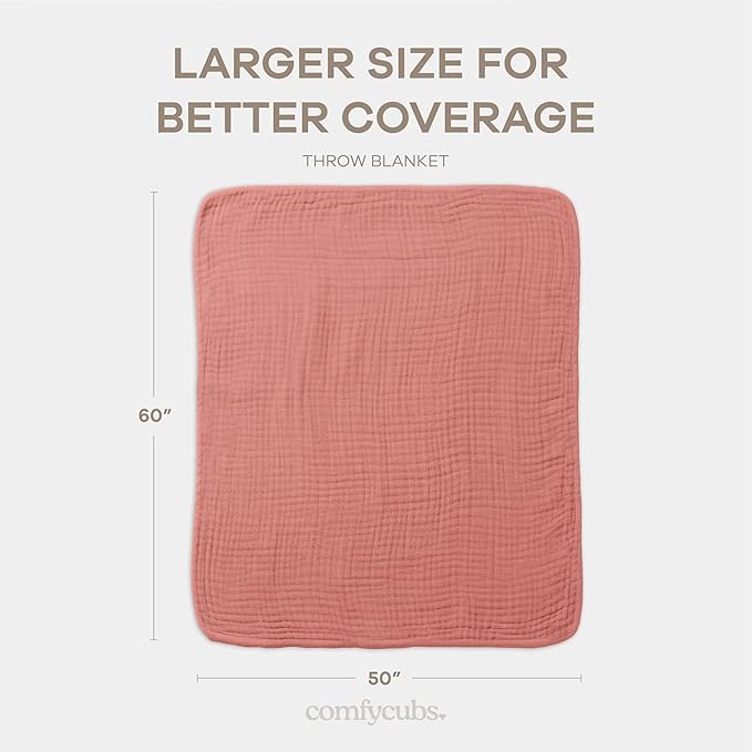 Comfy Cubs Muslin Throw Blanket - 50” x 60” Quilted Design - Lightweight, Breathable 6-Layer Gauze Fabric - Soft Cotton Blanket for Home or Travel - Packaged in Elegant Gift Box - Dusty Rose