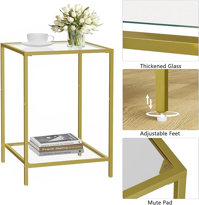 HOMSHO Side Tables Set of 2, End Table with Tempered Glass, 2-Tier Nightstands with Storage Shelves, Coffee Table with Modern Style, Square Sofa Table for Living Room, Bedroom, 15.7"D x 15.7"W, Gold