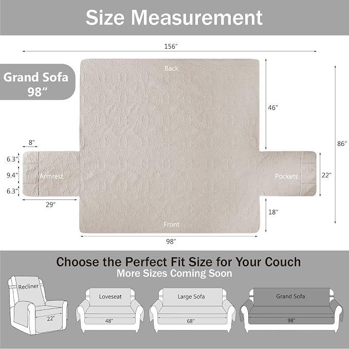 Quilted Grand Sofa Covers for 4 Cushion Couch, Couch Cover for Grand Sofa Washable, Soft Cozy Couch Protector, Oversized Grand Sofa Slipcovers Water-Repellent (Grand Sofa 98", Beige Cream)