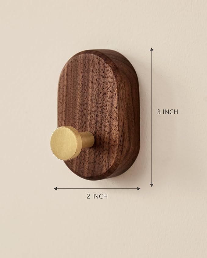Wood Coat Hooks Wall Mount - Modern Walnut Coat Hook with Bronze Accent for Hanging Clothes,Keys,Purse,Robes,Towel,Backpacks, Single Brass Wall Hooks Heavy Duty for Entryway, Closet, Bathroom (4 Pack)