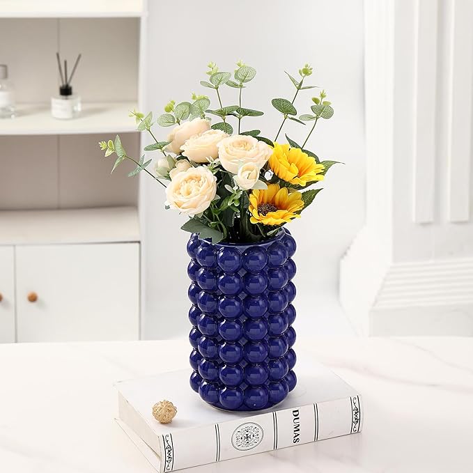 Bubble Vase, Blue Ceramic Vase, Short Ceramic Flower Vases, Modern Decorative Vases for Living Room, Wedding, Entryway, Mantel, Office, 8.5 Inches