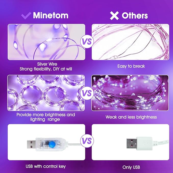 Minetom Halloween Purple Curtain Lights, 300 LED Dimmable Fairy Lights with Remote and Timer, 8 Modes, USB Powered String Lights for Room Wall Party Xmas Indoor Decor