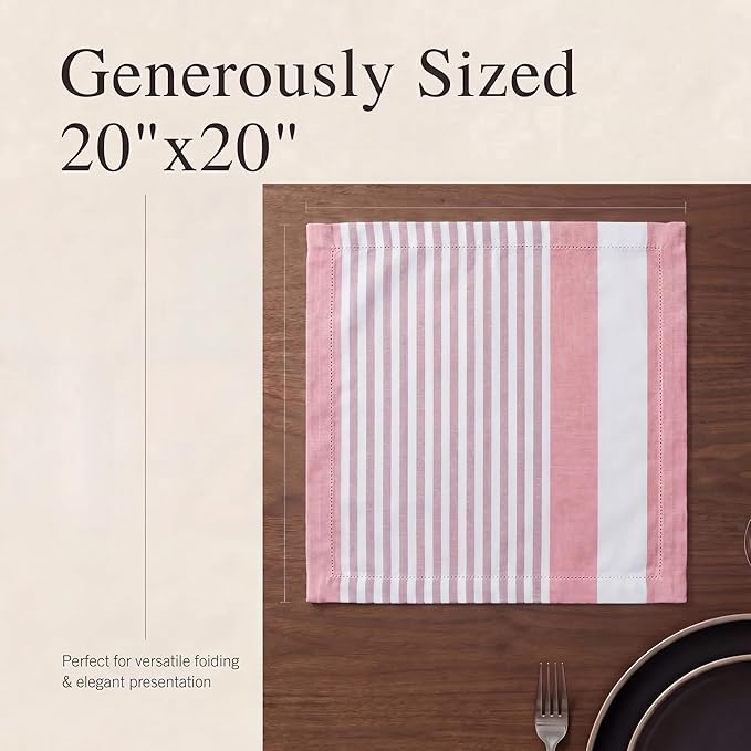 Urban Villa Cloth Napkins 100% Cotton Highly Absorbent Washable Reusable Premium Dinner Napkins Ideal for Gifts for Mothers Day Hotel Farmhouse Parties - Garnet Red Stripes (20" x 20", Set of 12)