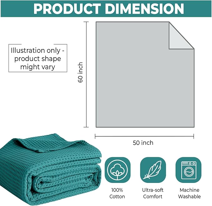100% Cotton Blankets for Bed - Waffle Weave Blankets for Summer, Lightweight and Breathable Soft Woven Blanket for Spring (Teal, Throw (50" x 60"))