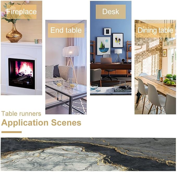 Marble Table Runner,Gold Glitter Gray Black Stone Marble Tie Dye Fluid Abstract Art Pattern Table Runner for Coffee Table Dining Room Table Bedroom Party Holiday Decor 13x72inch