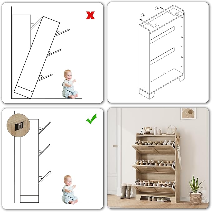 Garvee Shoe Storage Cabinet with 3 Flip Drawers, Freestanding Shoe Organizer Storage for Entryway with 2 Side Hooks, Farmhouse Hidden Slim Narrow Shoe Rack Cabinet, Natural Oak