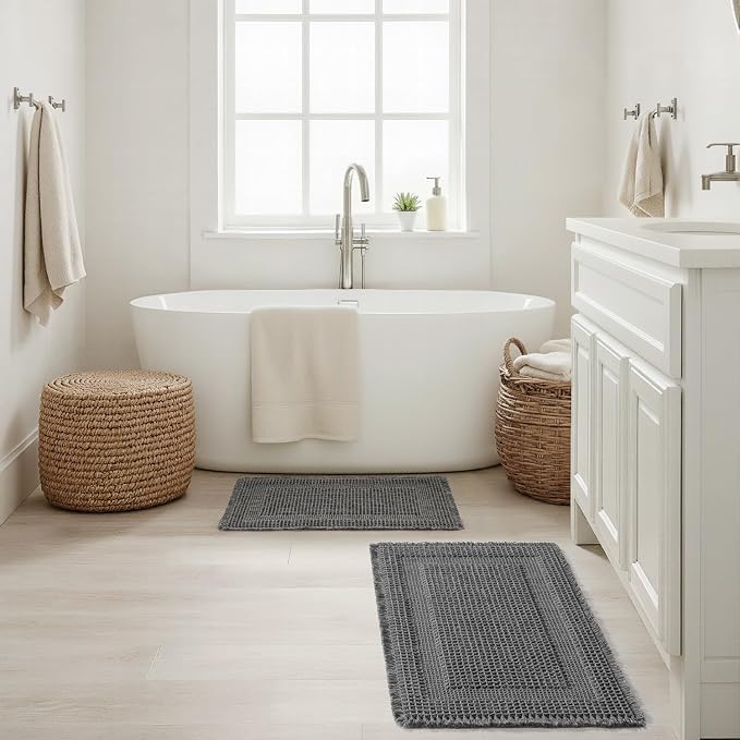 MIULEE Set of 2 Waffle Bathroom Rugs, Boho Bath Rug Super Absorbent, Non Slip Washable Ultra Soft Rubber Backed Shower Bath Mats for Floor, Tub, Shower, Looped Design, Dark Grey, 17"x24"+18"x30"