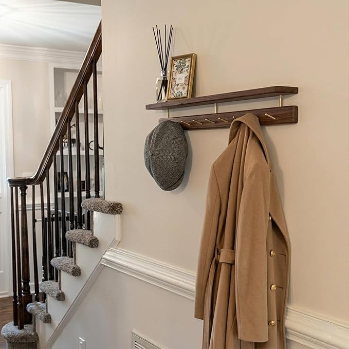 Wall Mounted Coat Rack with Shelf, Wooden Entryway Organizer with 6 Hooks, Wall Shelf with Hooks for Hallway, Bedroom, Bathroom (Walnut, 18.11inch/6 Hooks)
