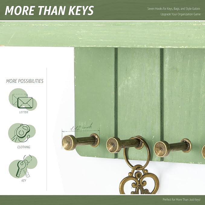 Rebee Vision Pine Wood Key Holder Wall Mount – Rustic Farmhouse Key Holder for Wall with 7 Sturdy Hooks for Hats, Leashes & Small Essentials – Stylish Apartment Essentials Decor(Green)