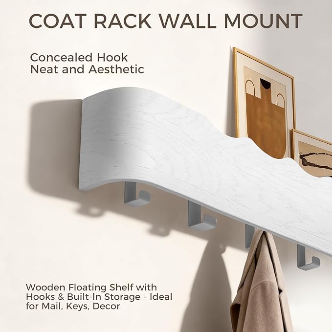 Coat Rack Wall Mount with Shelf Entryway Shelf Modern Key Holder Hanger Wall Shelves with Hidden Hooks for Hanging Towels Coats Hats Bags for Hallway Bathroom Bedroom (Wavy White, 8 Hooks)