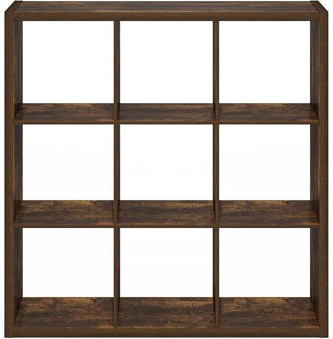 Furinno Cubicle Book Shelf, 9-Cube Bookshelf, Extra Thick Frame Reversible Bookcase with Open Back, 14.6" x 44" x 44", for Living Room, Bedroom, Home Office, Amber Pine