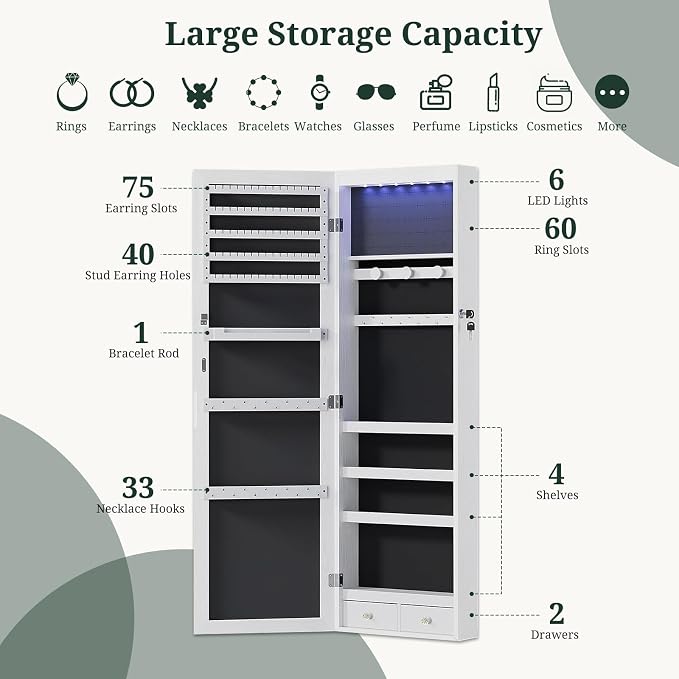 Jewelry Armoire, 47.2" Tall Lockable Jewelry Organizers and Storage Cabinet with Full-Length Mirror, 6 LEDs Mirror Jewelry Cabinet, Wall or Door Mounted Jewelry Storage for Women Bedroom, Gift Idea