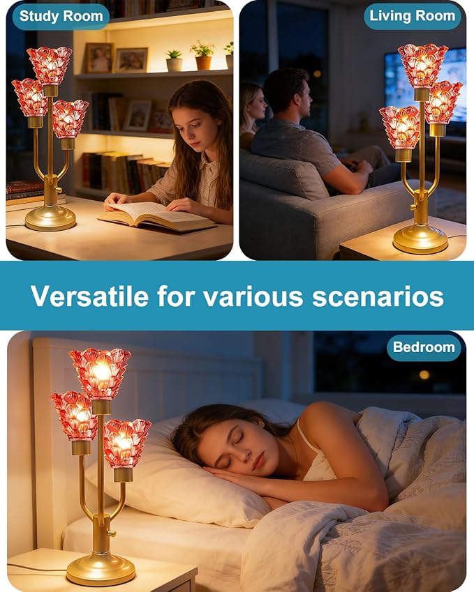 Lightdot Modern Glass Table Lamp for Living Room Dimmable Mid Century Desk Lamp with Thickened Red Glass 3 Bulbs Included 3000K Warmwhite Nightstand Lamp for Bedroom Bedside End Table-Gold