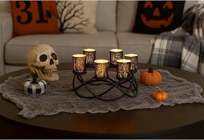 Seraphic Halloween Decorations for Indoor Gothic Table Centerpieces, Black | Spooky Witchy Dining Decor, Round Wrought Iron Candle Holder, 6 Votive Cups, Coffee & Kitchen Centerpiece, 10.5in Round