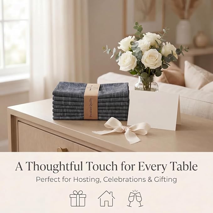 Urban Villa Cloth Napkins 100% Cotton Highly Absorbent Washable Durable Reusable Premium Dinner Napkins Ideal for Gifts for Mothers Day Hotel Farmhouse Parties - Black Chambray (20" x 20", Set of 12)