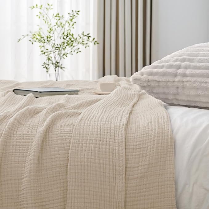 Esterra Muslin Blanket Queen Size Cozy Soft Lightweight Pre-Washed Cotton Blanket, All Season Breathable 4-Layer Gauze Blanket Throw for Couch Bed, Neutral, 90x90 Inches