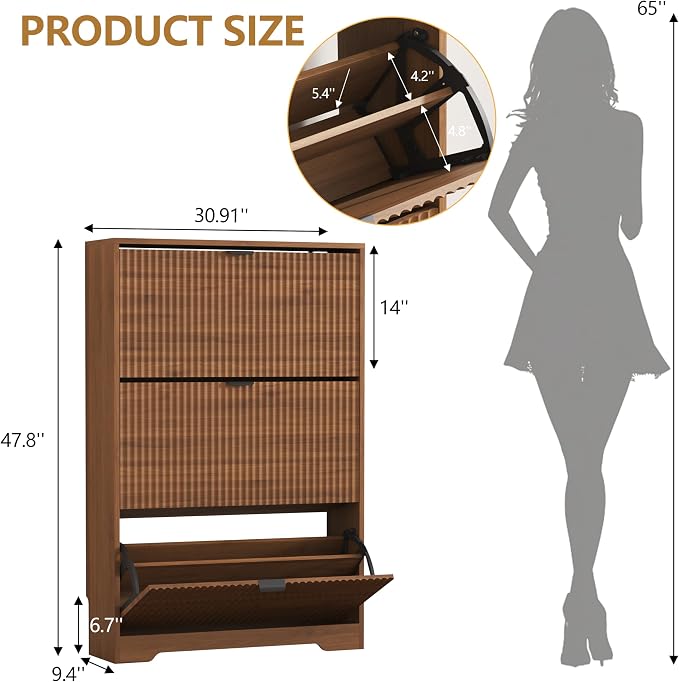 Shoe Cabinet Storage for Entryway with 3 Flip Drawers, Walnut Fluted Shoe Cabinet with Adjustable Shelves, Wooden Hidden Shoe Rack Freestanding Narrow Slim Shoes Storage for Hallway, Entrance