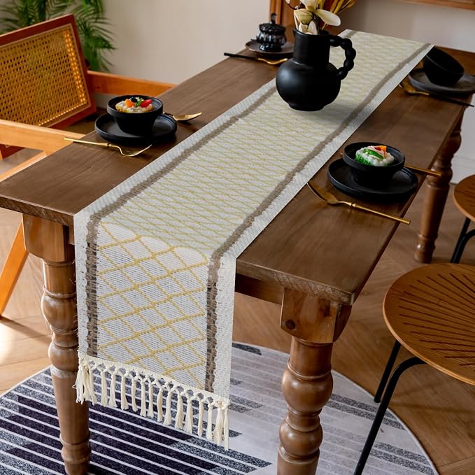 EMMTEEY Macrame Table Runner Boho Style - Scratch & Heat Resistant, Hexagonal Grid Cotton Linen Table Runner with Tassels for Home Decor/Bedroom (12"X36", Yellow)